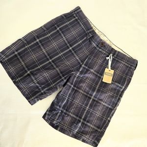 Fossil Chino Shorts Russell Plaid Blue Slit Back Pockets Cotton